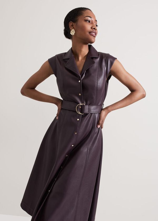 Phase Eight Ellie Burgundy Faux Leather Shirt Dress