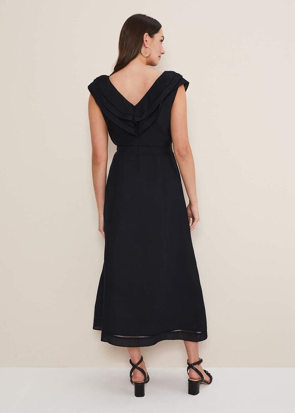 Phase Eight Julieta Black Linen Ruffle Broderie Midi Dress