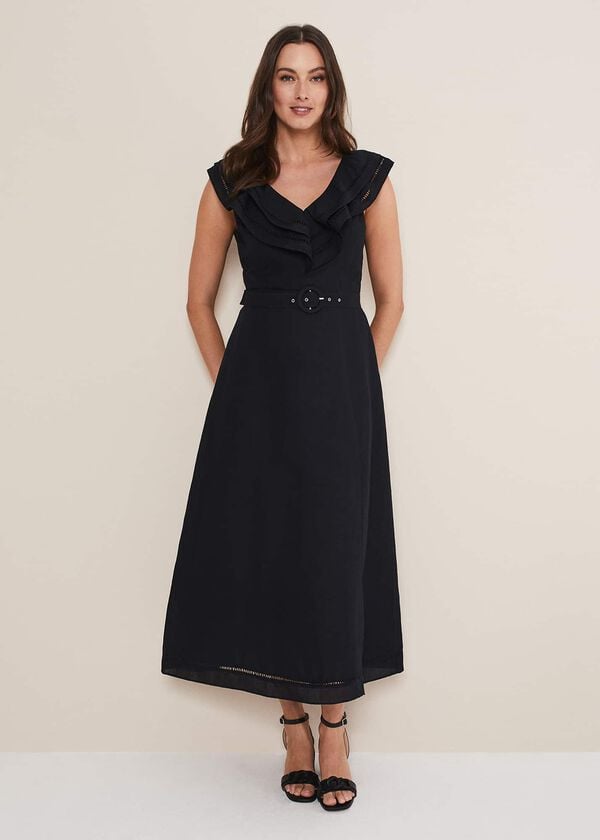 Phase Eight Julieta Black Linen Ruffle Broderie Midi Dress