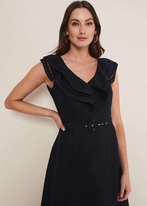 Phase Eight Julieta Black Linen Ruffle Broderie Midi Dress