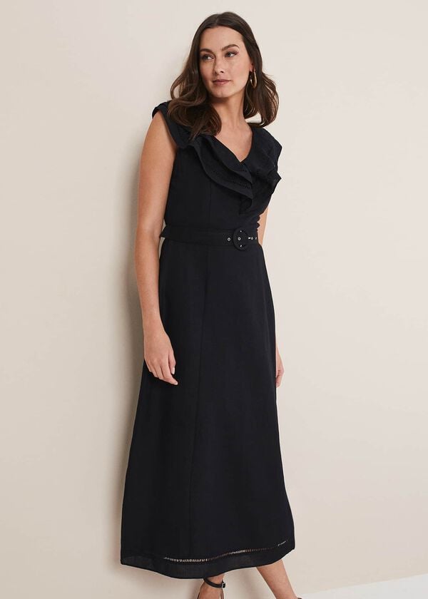 phase eight Julieta Black Linen Ruffle Broderie Midi Dress
