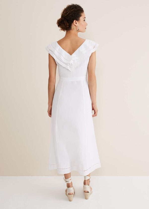 Phase Eight Julieta White Linen Ruffle Broderie Midi Dress
