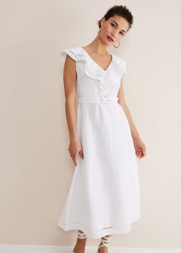 Phase Eight Julieta White Linen Ruffle Broderie Midi Dress