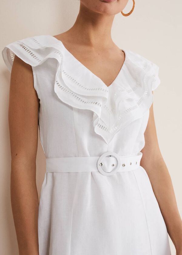 Phase Eight Julieta White Linen Ruffle Broderie Midi Dress
