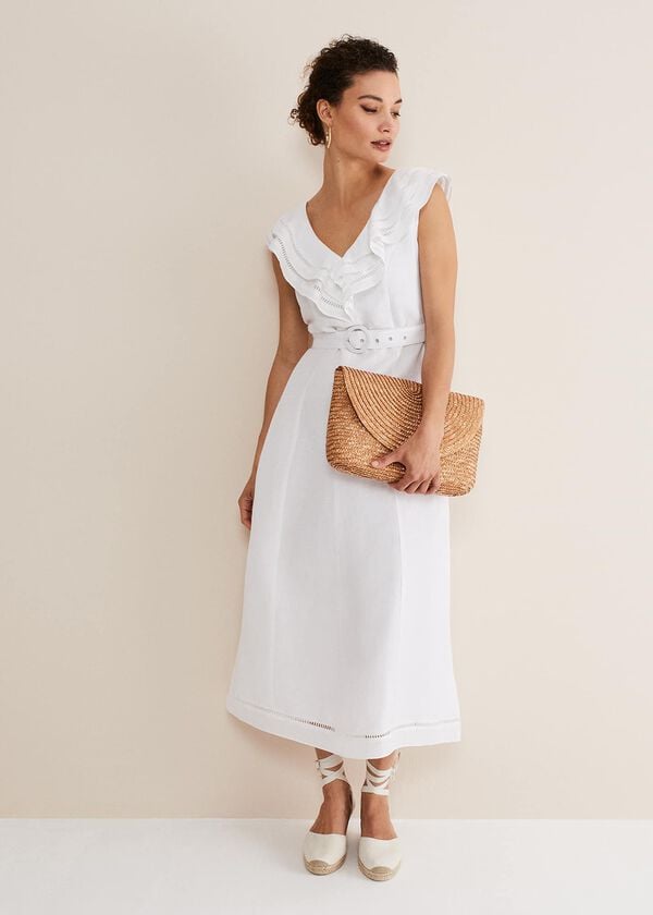 phase eight Julieta White Linen Ruffle Broderie Midi Dress
