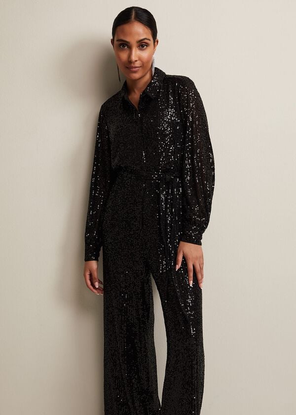 Phase Eight Petite Alessandra Black Sequin Jumpsuit