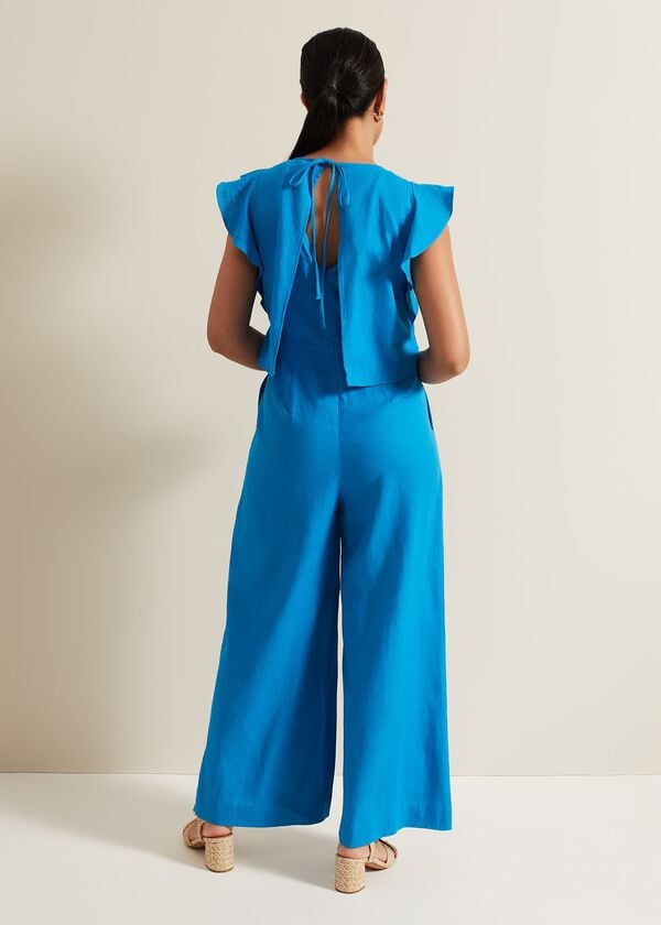 Phase Eight Petite Aubrey Blue Linen Frill Jumpsuit