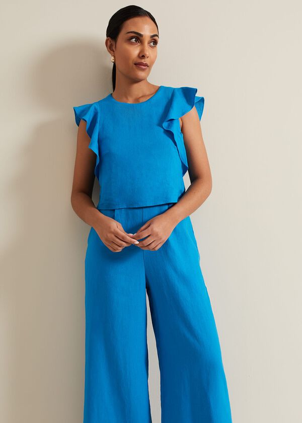 Phase Eight Petite Aubrey Blue Linen Frill Jumpsuit