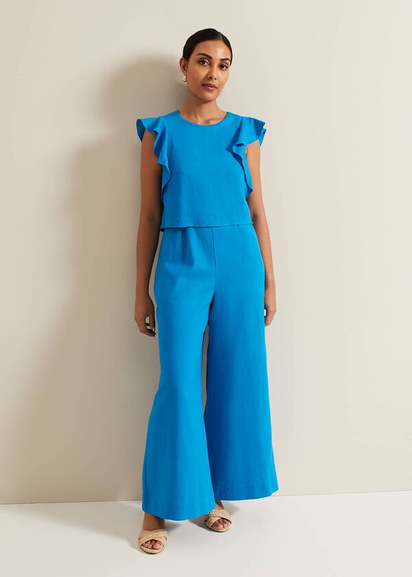 phase eight Petite Aubrey Blue Linen Frill Jumpsuit