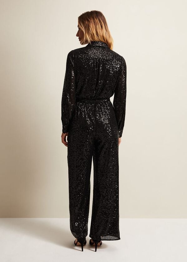 Phase Eight Alessandra Black Sequin Shirt Jumpsuit
