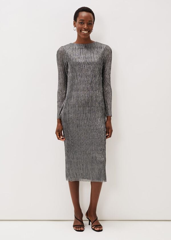 Phase Eight Alix Silver Plisse Midi Dress