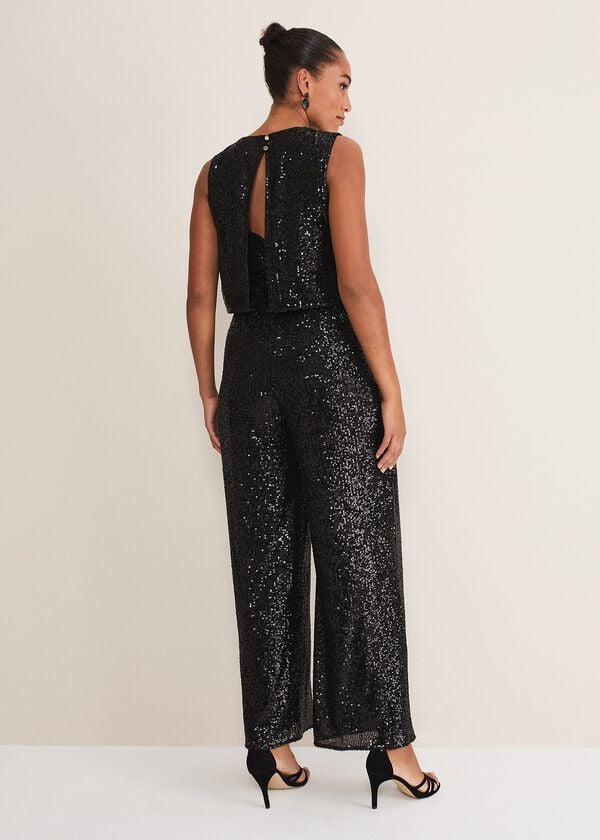 Phase Eight Aubrey Black Sequin Wide Leg Jumpsuit