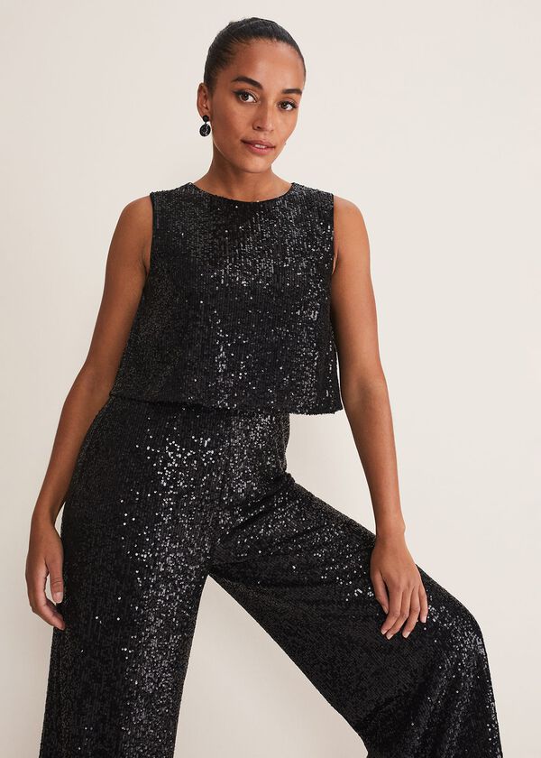Phase Eight Aubrey Black Sequin Wide Leg Jumpsuit