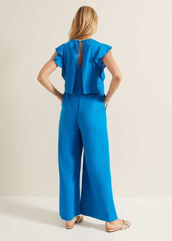 Phase Eight Aubrey Blue Linen Frill Jumpsuit