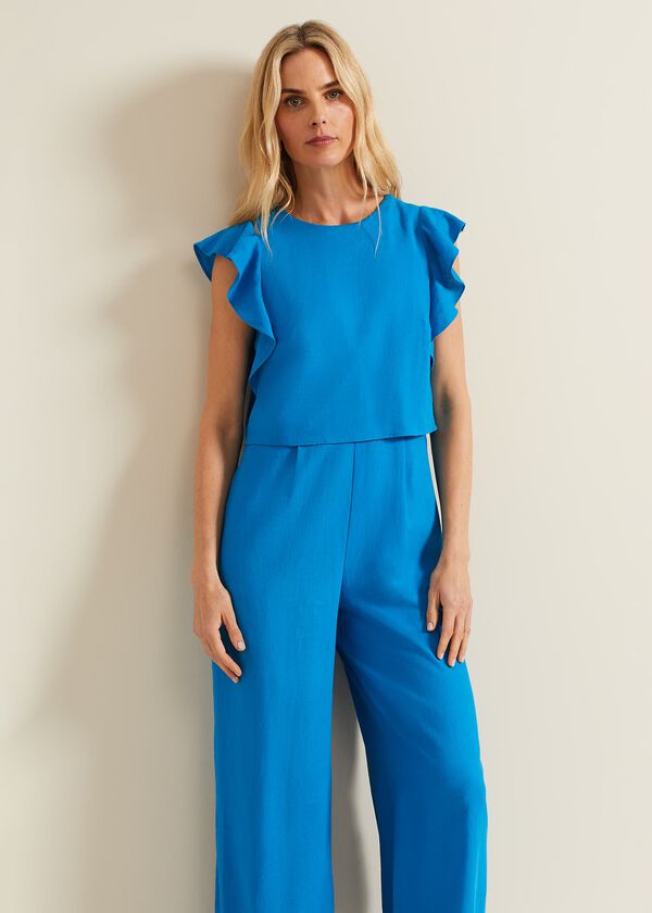 Phase Eight Aubrey Blue Linen Frill Jumpsuit