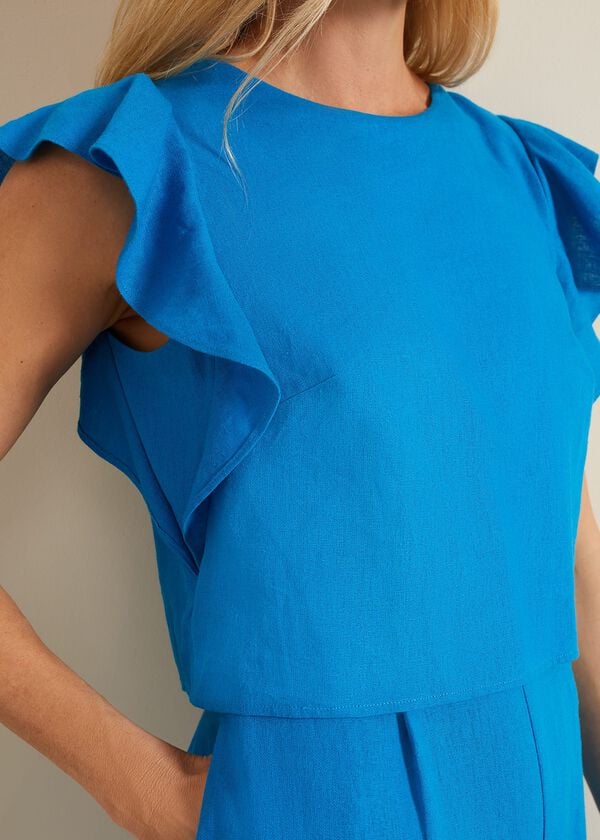 Phase Eight Aubrey Blue Linen Frill Jumpsuit