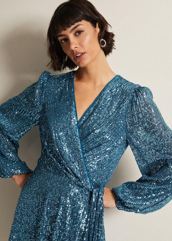 Phase Eight Carissa Teal Sequin Wrap Mini Dress