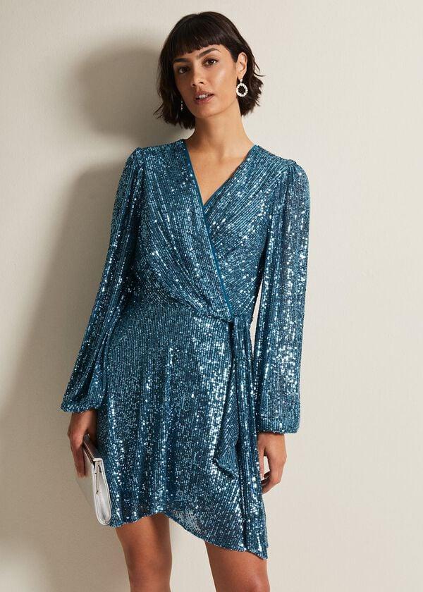 phase eight Carissa Teal Sequin Wrap Mini Dress