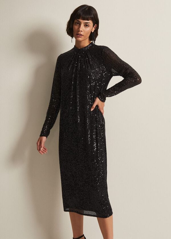 Phase Eight Cindy Black Sequin Midi Dress