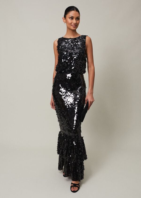phase eight Elena Black Sequin Tiered Maxi Dress
