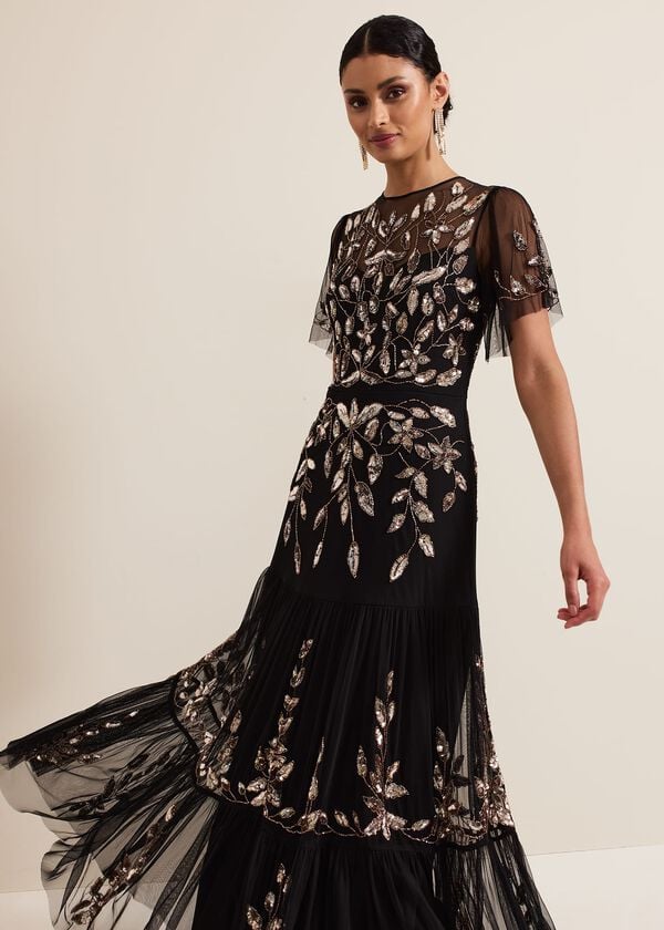 Phase Eight Hilary Black Embellished Midi Dress