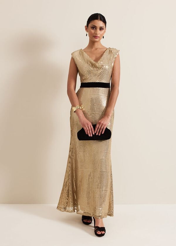 Phase Eight Jamae Gold Sequin Maxi Dress
