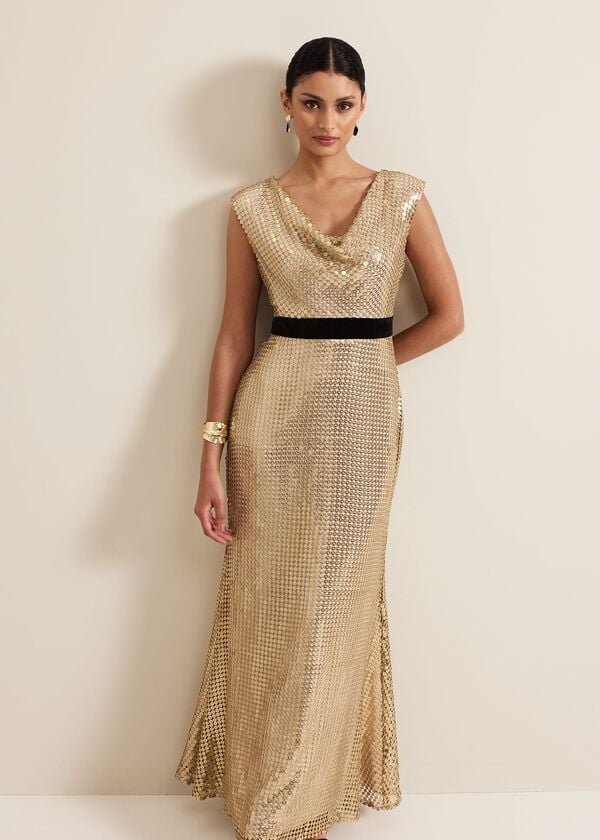 Phase Eight Jamae Gold Sequin Maxi Dress