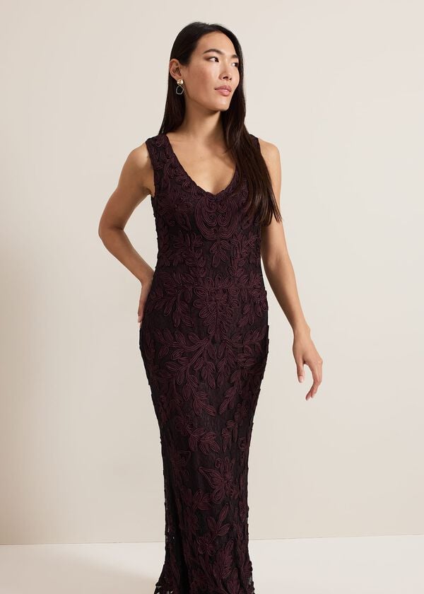 Phase Eight Montee Burgundy Tapework Maxi Dress