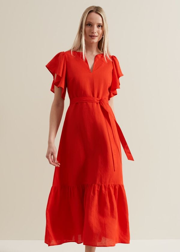 Phase Eight Morgan Red Linen Midi Dress