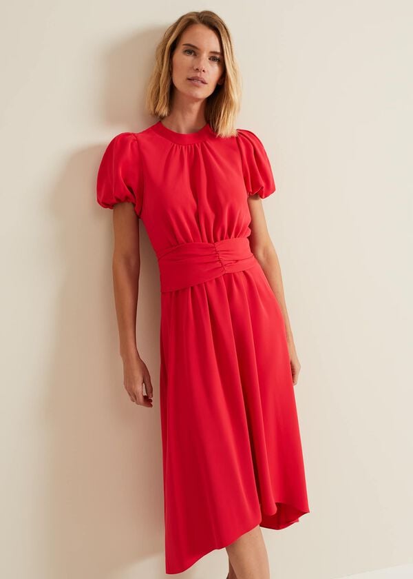 phase eight Paulina Coral Puff Sleeve Midi Dress