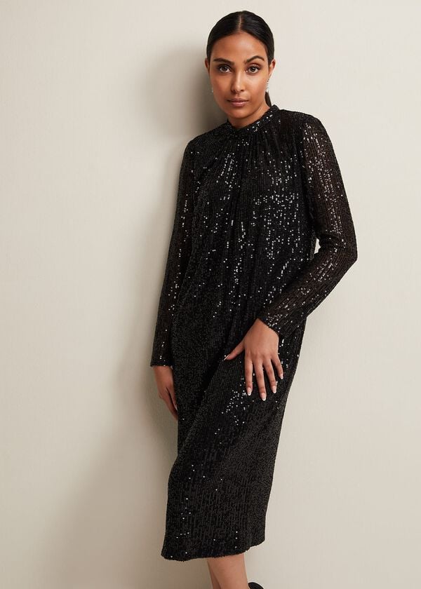Phase Eight Petite Cindy Black Sequin Midi Dress