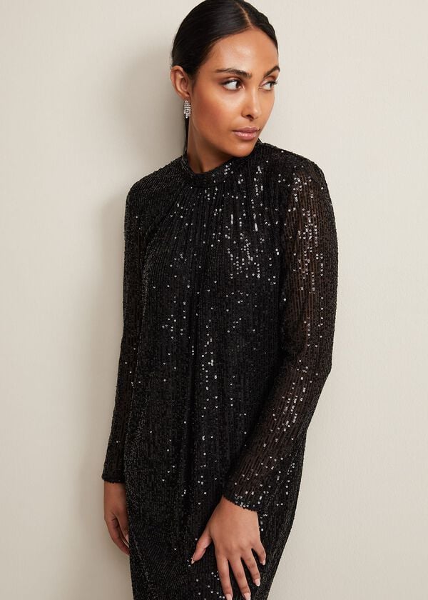 Phase Eight Petite Cindy Black Sequin Midi Dress