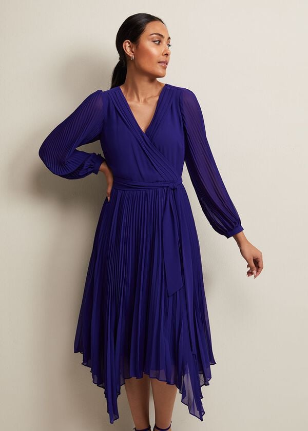 Phase Eight Petite Petra Blue Pleated Midi Dress
