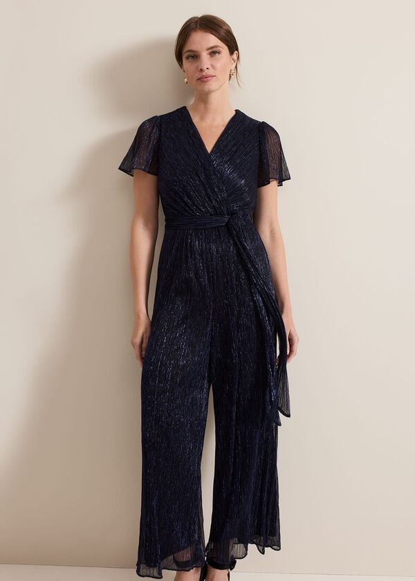 Phase Eight Petite Stella Blue Plisse Jumpsuit
