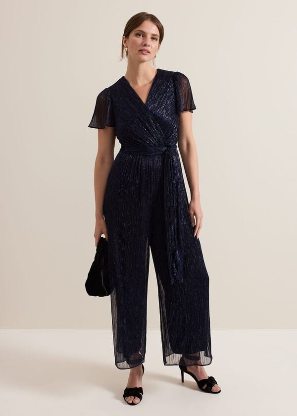 phase eight Petite Stella Blue Plisse Jumpsuit