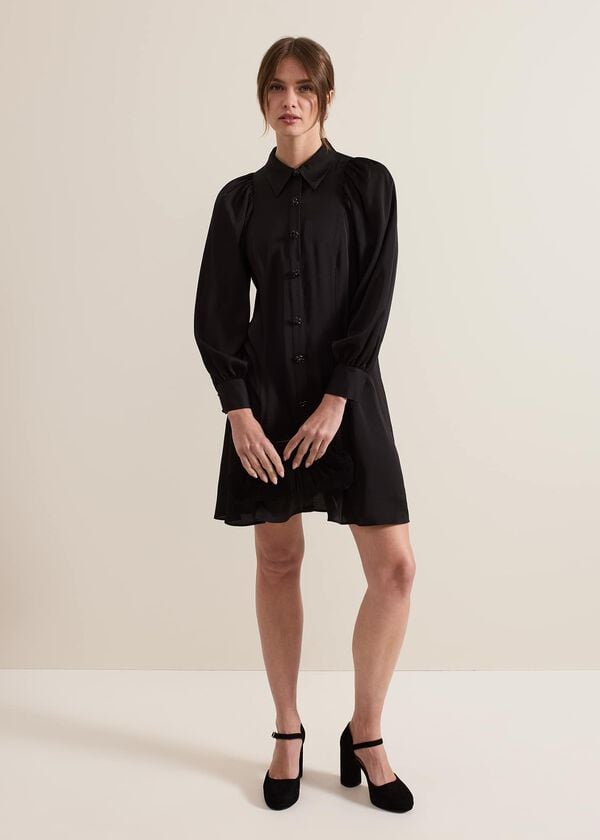 Phase Eight Petite Tila Black Satin Shirt Dress
