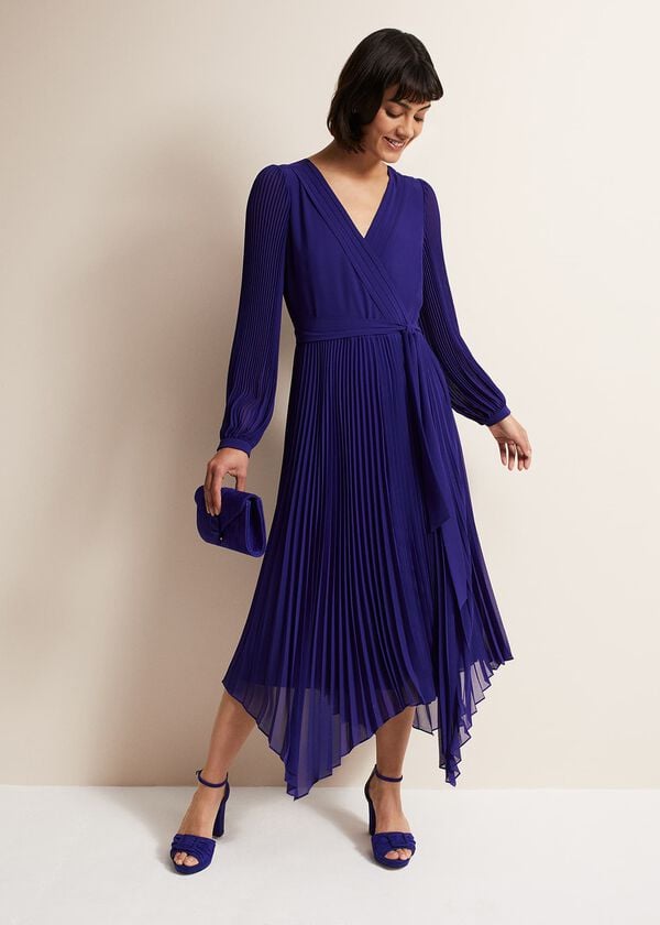 Phase Eight Petra Blue Pleated Midi Dress