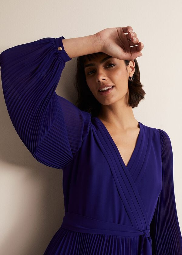 Phase Eight Petra Blue Pleated Midi Dress