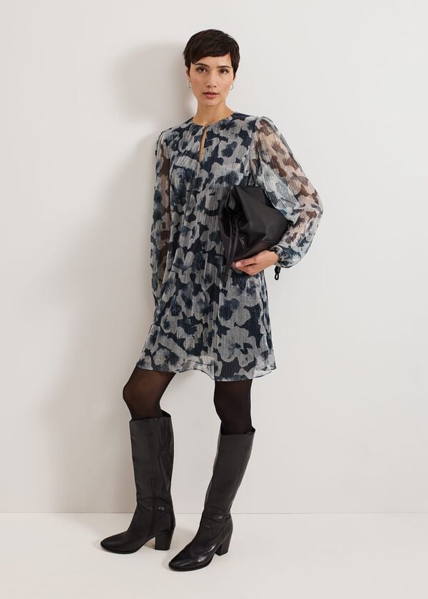 Phase Eight Roma Grey Floral Plisse Midi Dress