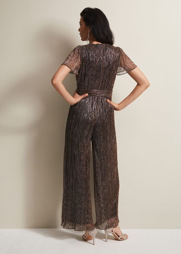 Phase Eight Stella Bronze Plisse Wide Leg Jumpsuit