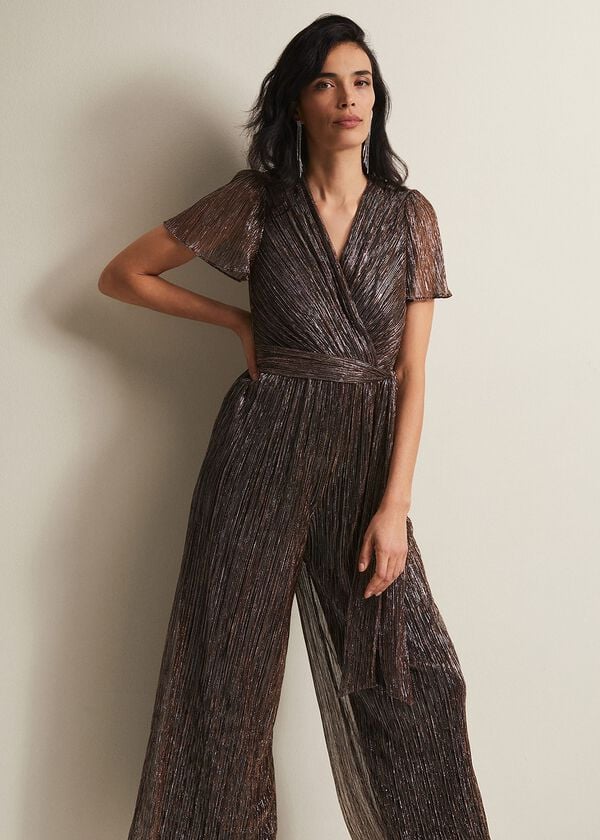 Phase Eight Stella Bronze Plisse Wide Leg Jumpsuit