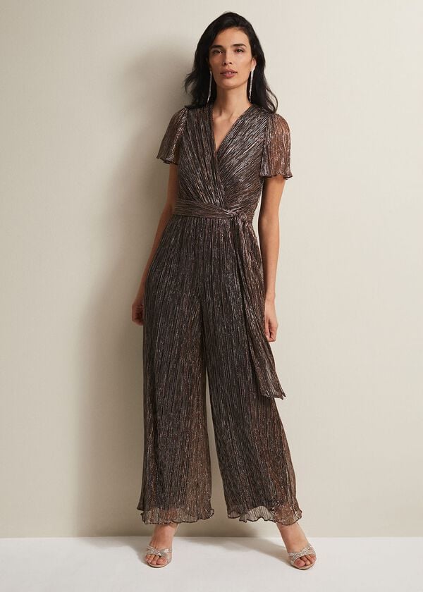 phase eight Stella Bronze Plisse Wide Leg Jumpsuit