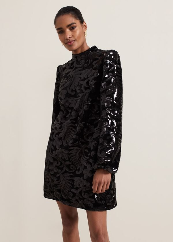 Phase Eight Trudy Black Sequin Velvet Shift Dress