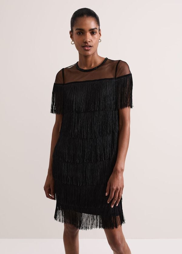 phase eight Viola Black Fringe Mini Dress