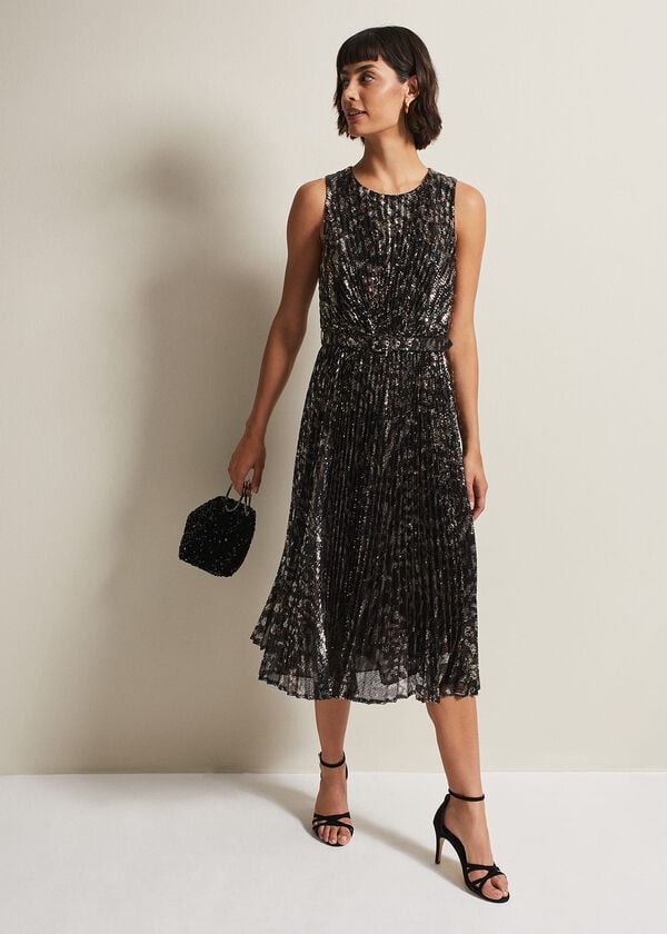 Phase Eight Simara Leopard Sequin Pleated Midi Dress