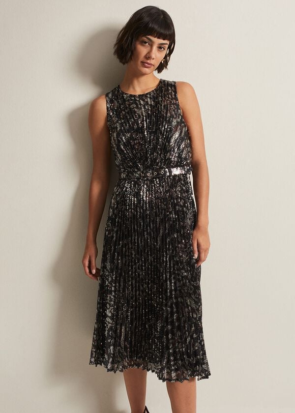 phase eight Simara Leopard Sequin Pleated Midi Dress