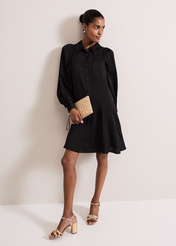 Phase Eight Tila Black Satin Embellished Shirt Dress