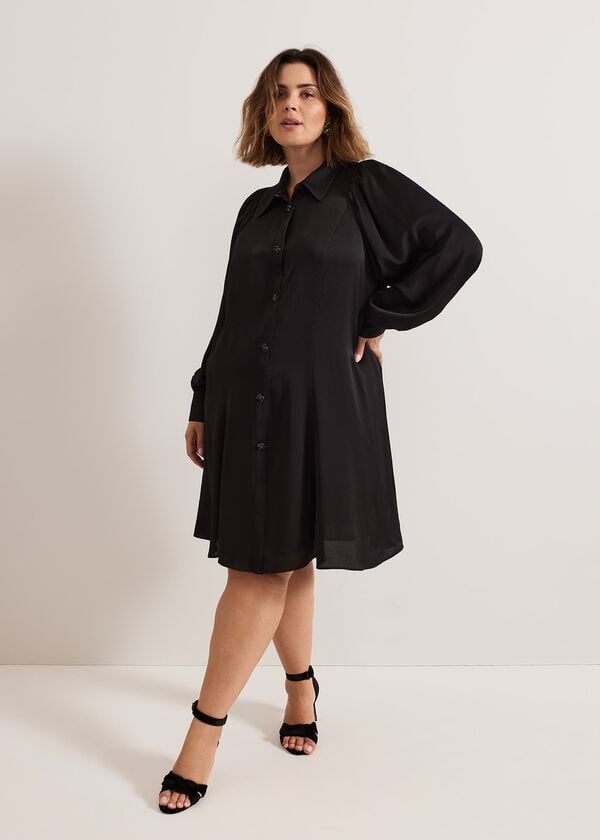 phase eight Tila Black Satin Embellished Shirt Dress