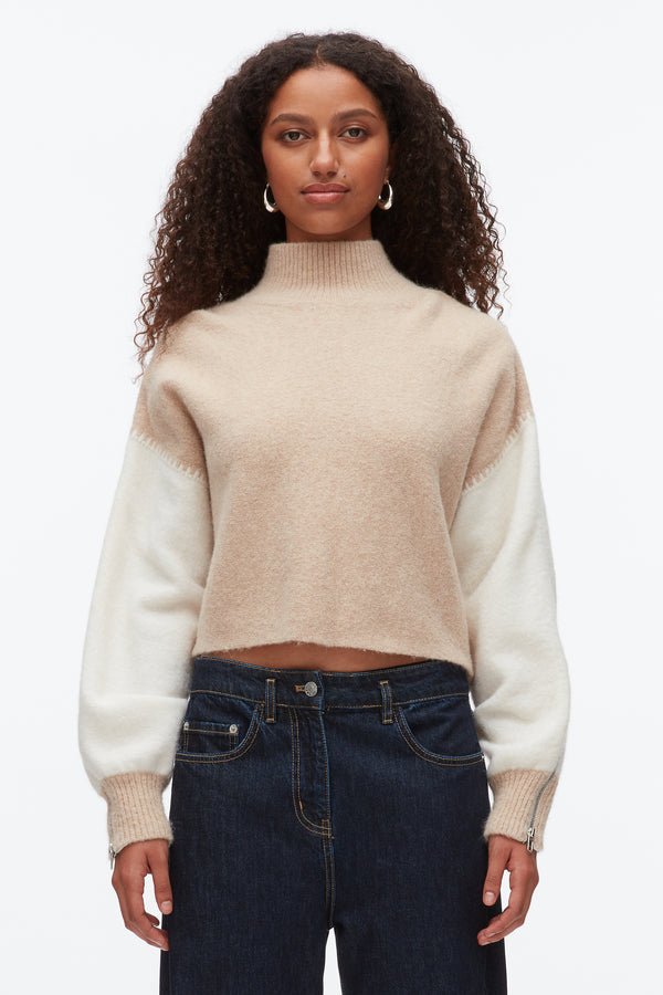 Phillip Lim Colorblock Zip Sleeve Turtleneck IVORY-BEIGE