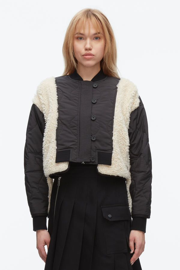 Phillip Lim Cropped Sherpa Combo Bomber BLACK-NATURAL